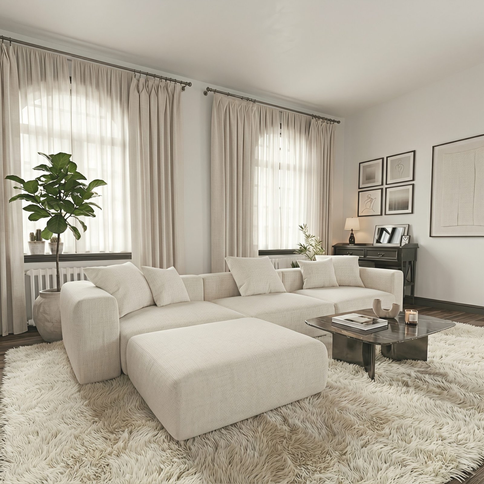 Modern beige L-shaped sectional sofa with matching ottoman in an elegant contemporary living room.