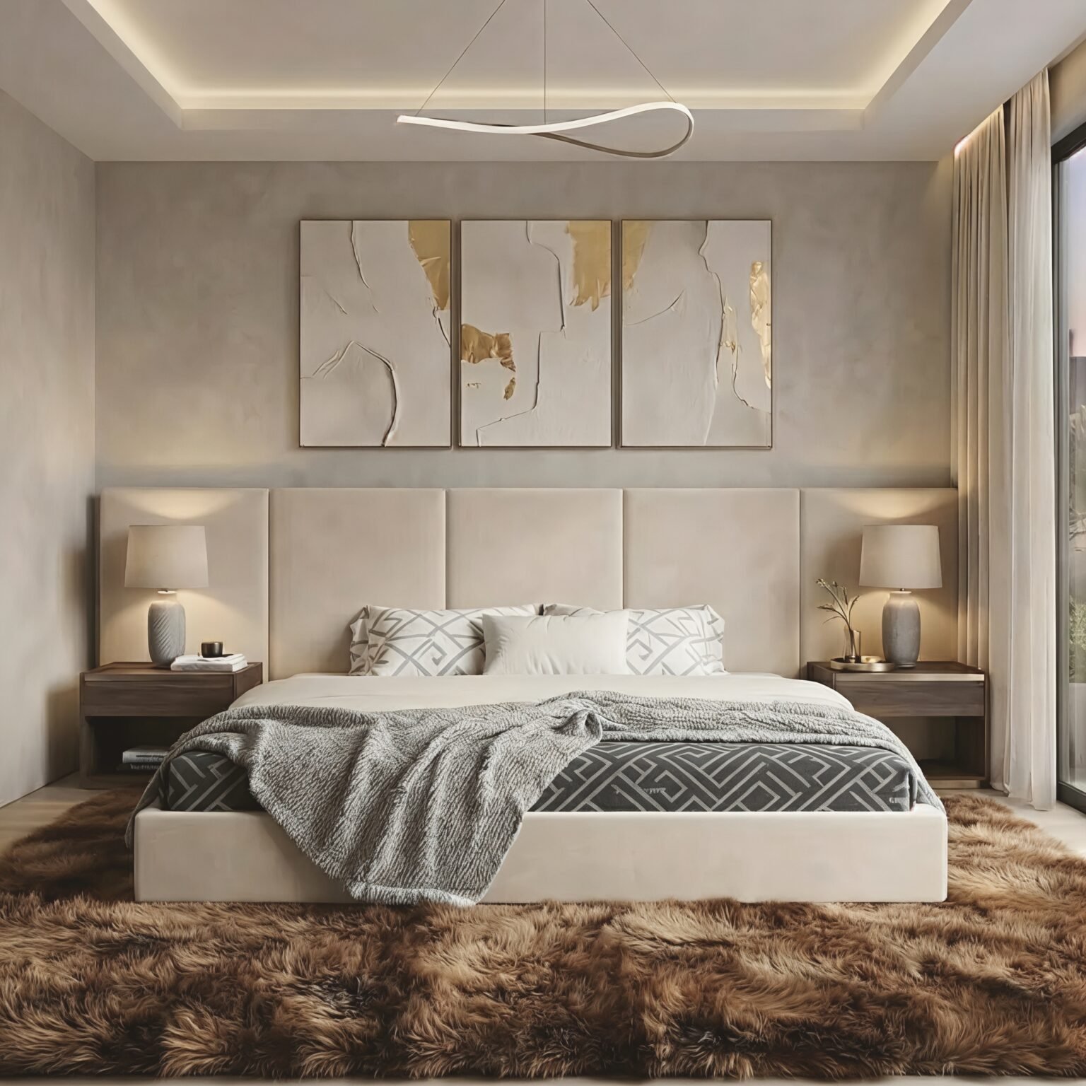 Modern beige upholstered bed with a wide segmented panel headboard and clean-lined frame in a contemporary bedroom.
