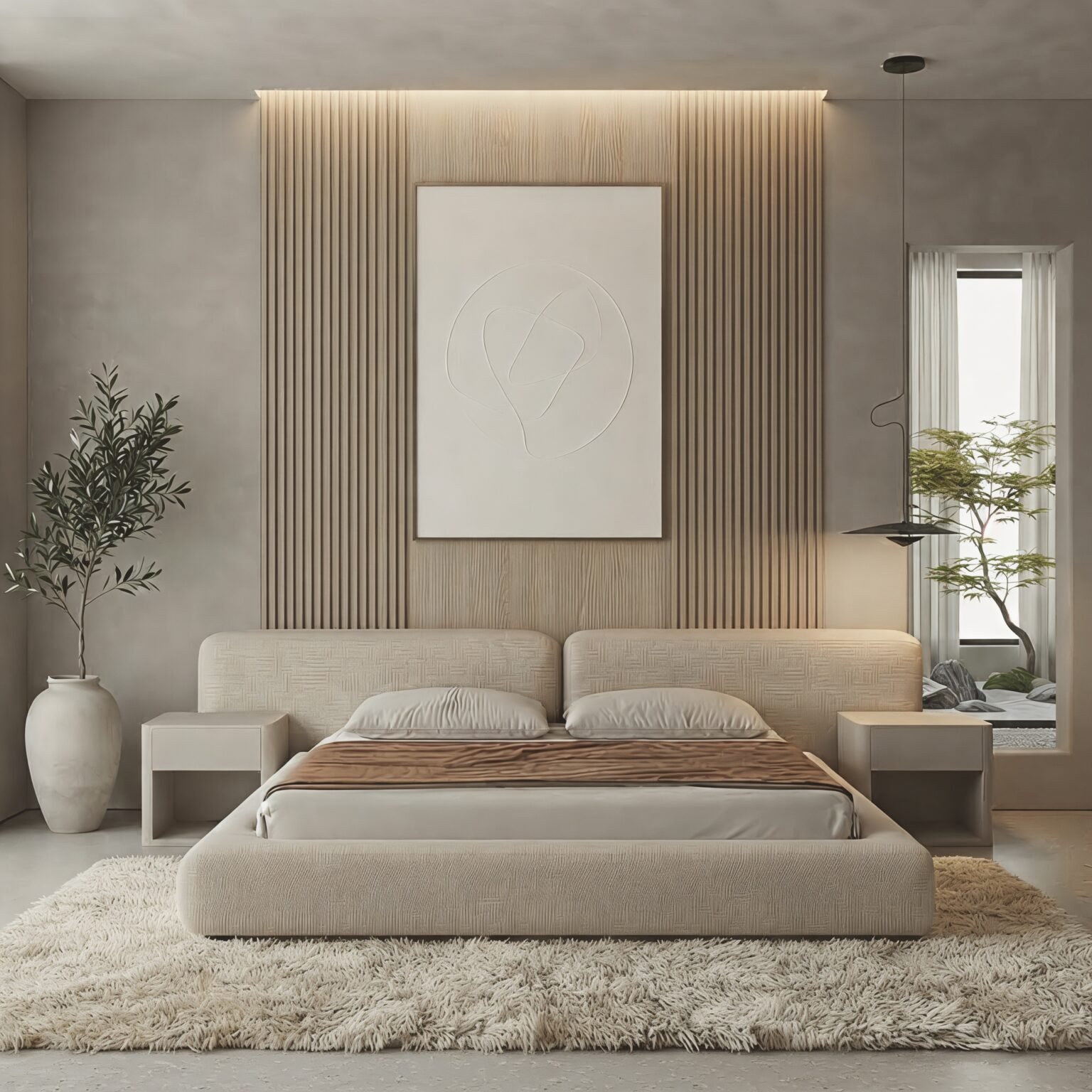 Modern beige upholstered platform bed with a wide padded headboard and rounded low-profile frame