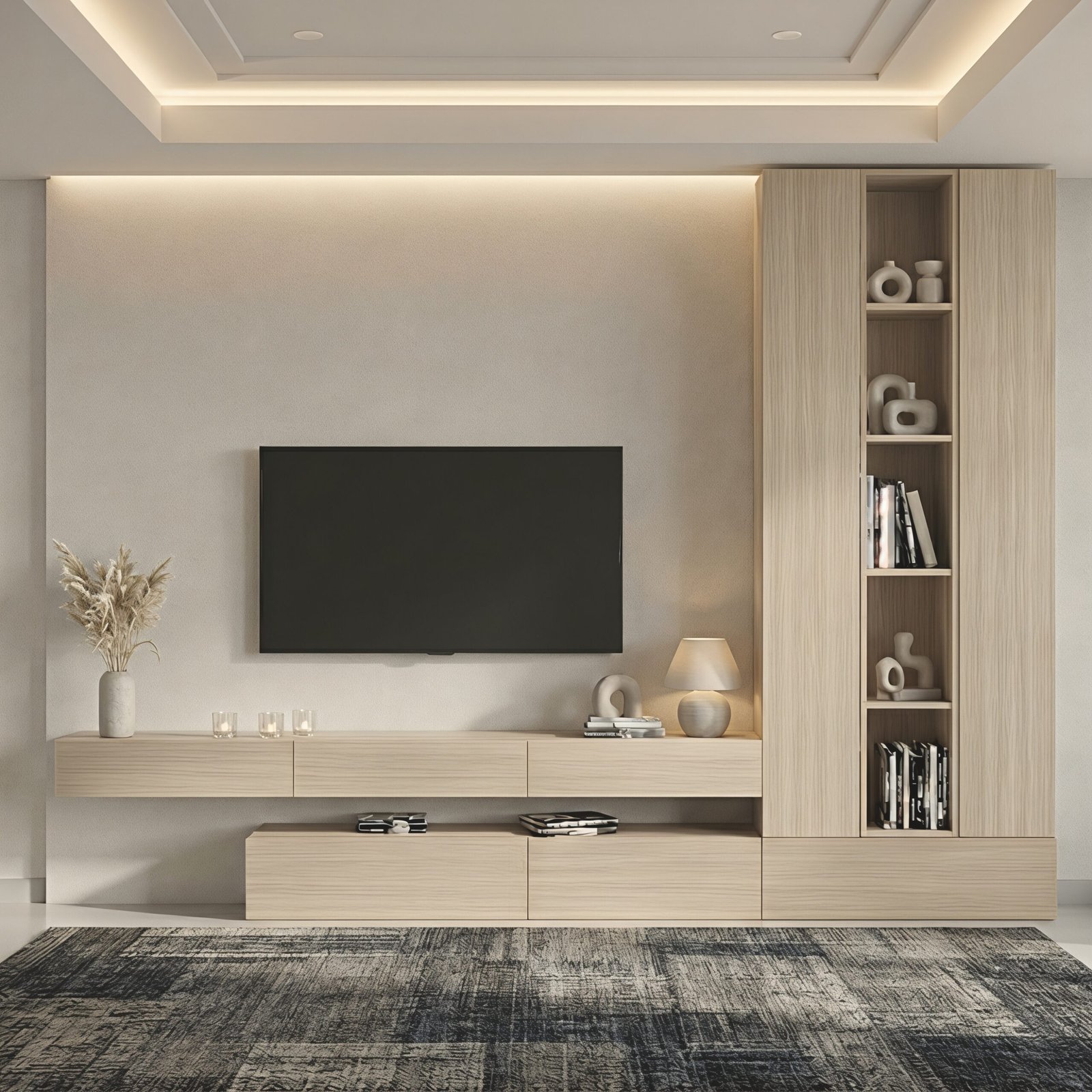 Modern beige TV unit with a long console, closed cabinets, and tall open display shelving in a contemporary living room.