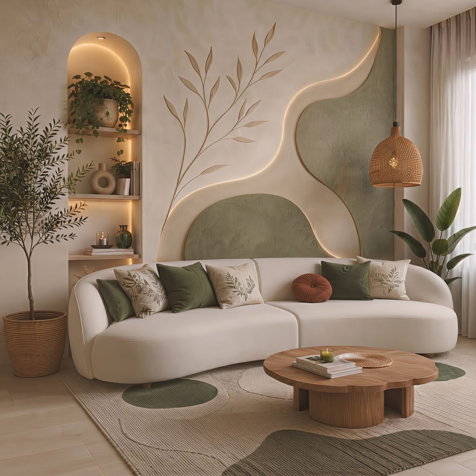 Modern cream curved L-shaped sofa with spacious seating and rounded edges in a contemporary living room.