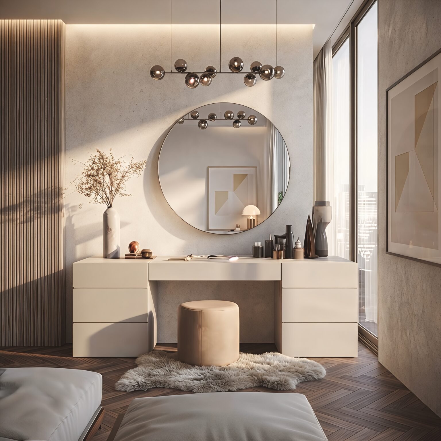 Modern cream dressing table with dual drawer pedestals and a wide tabletop in a contemporary bedroom.