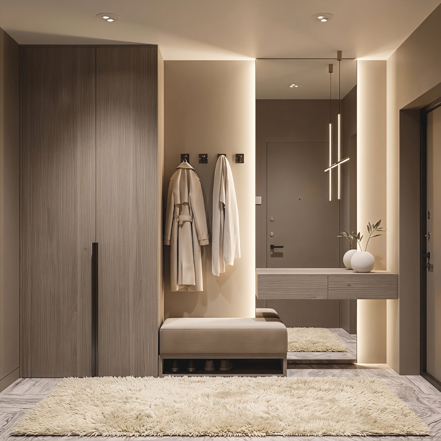 Modern entryway furniture set with wood-effect wardrobe, full-length mirror, floating console and upholstered ottoman.