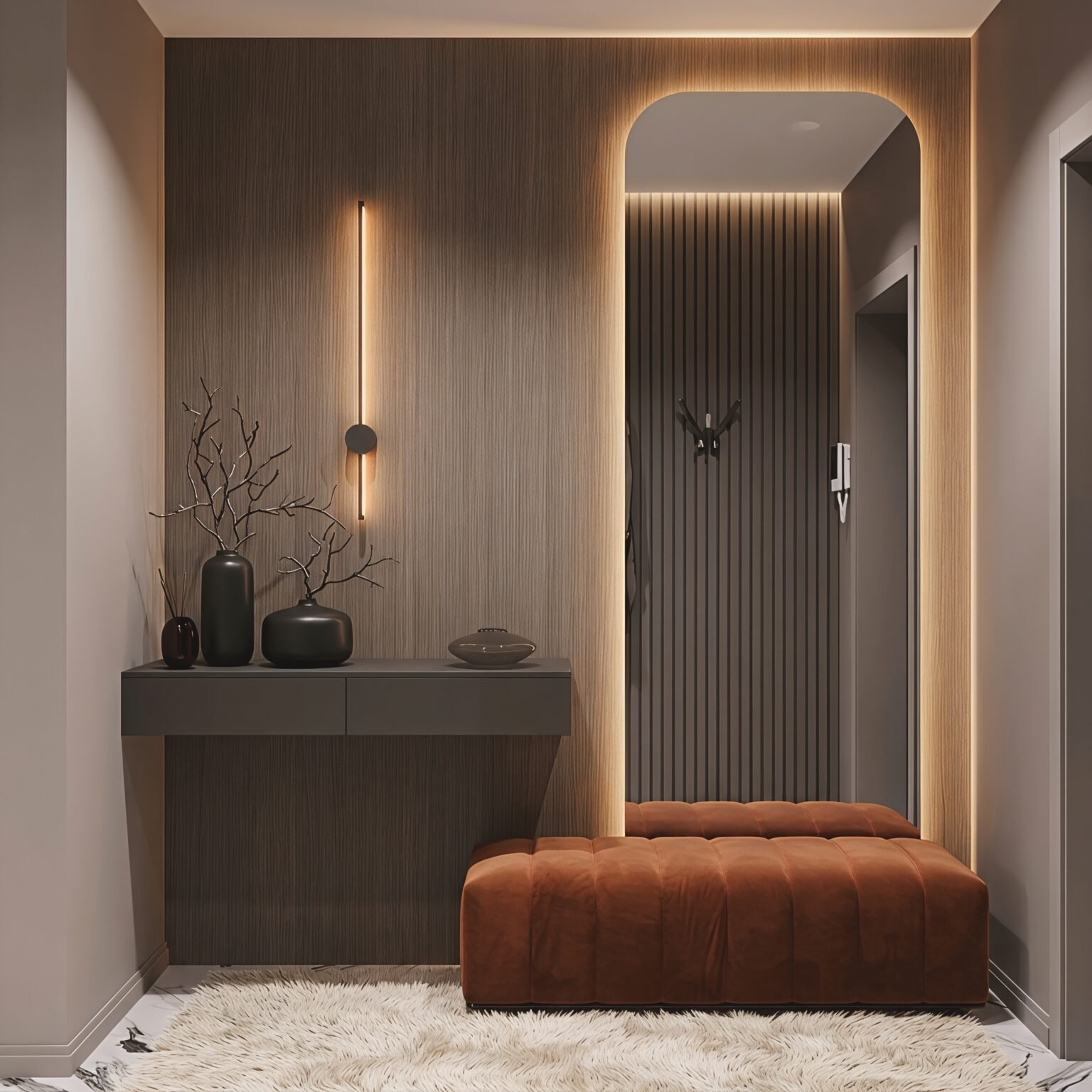 Modern floating dark wood console table with a full-length arched mirror and warm backlighting in a contemporary interior.
