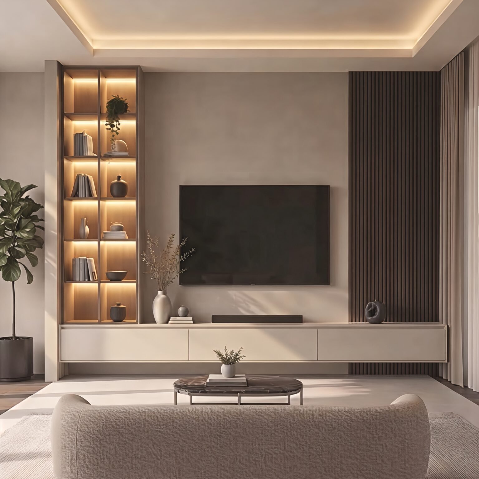 Modern floating TV unit with a beige storage cabinet, illuminated display shelves, and a dark wooden slat wall panel.