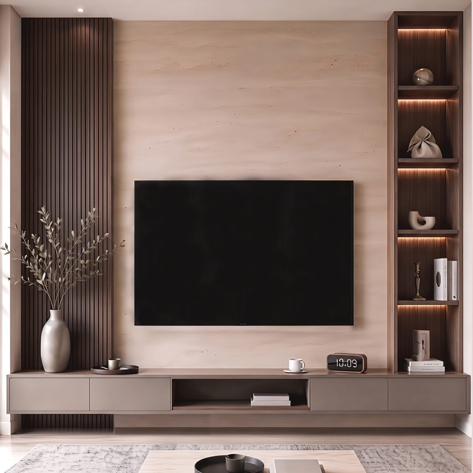 Modern floating TV unit with a beige marble-effect wall panel, dark wooden slat accents, illuminated display shelves and storage cabinets.