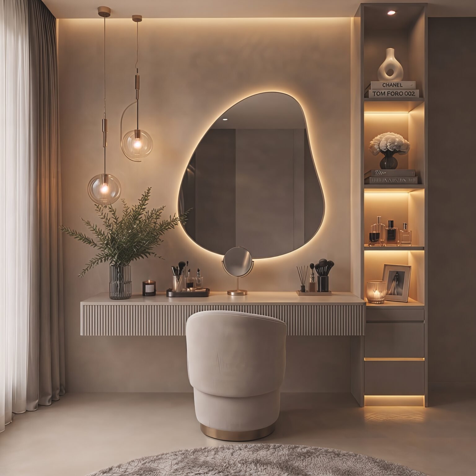 Modern fluted dressing table with an organic-shaped backlit mirror, integrated display shelves, and neutral finish.