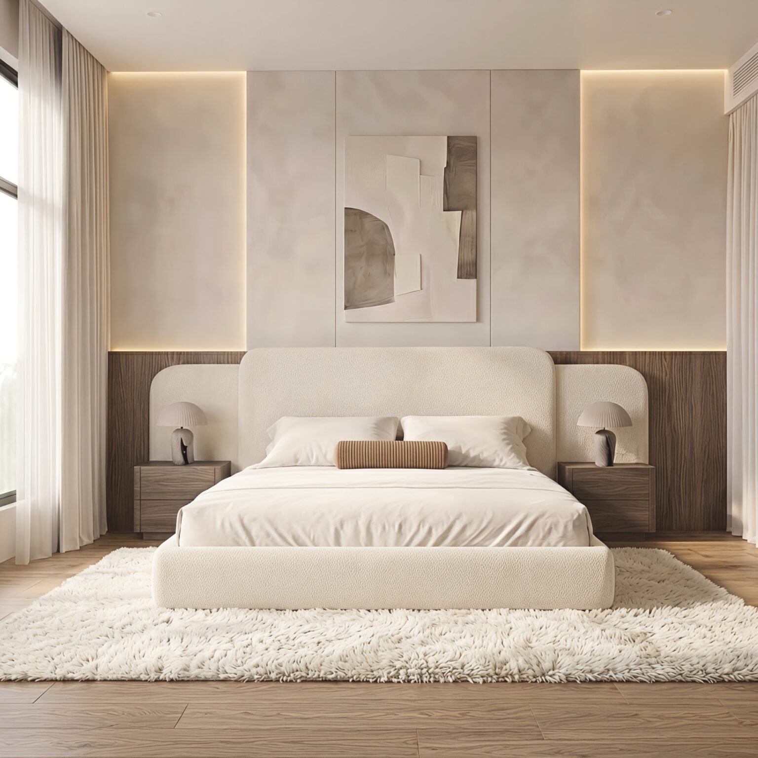 Modern ivory upholstered bed with a layered curved headboard and rounded footboard in a contemporary bedroom.