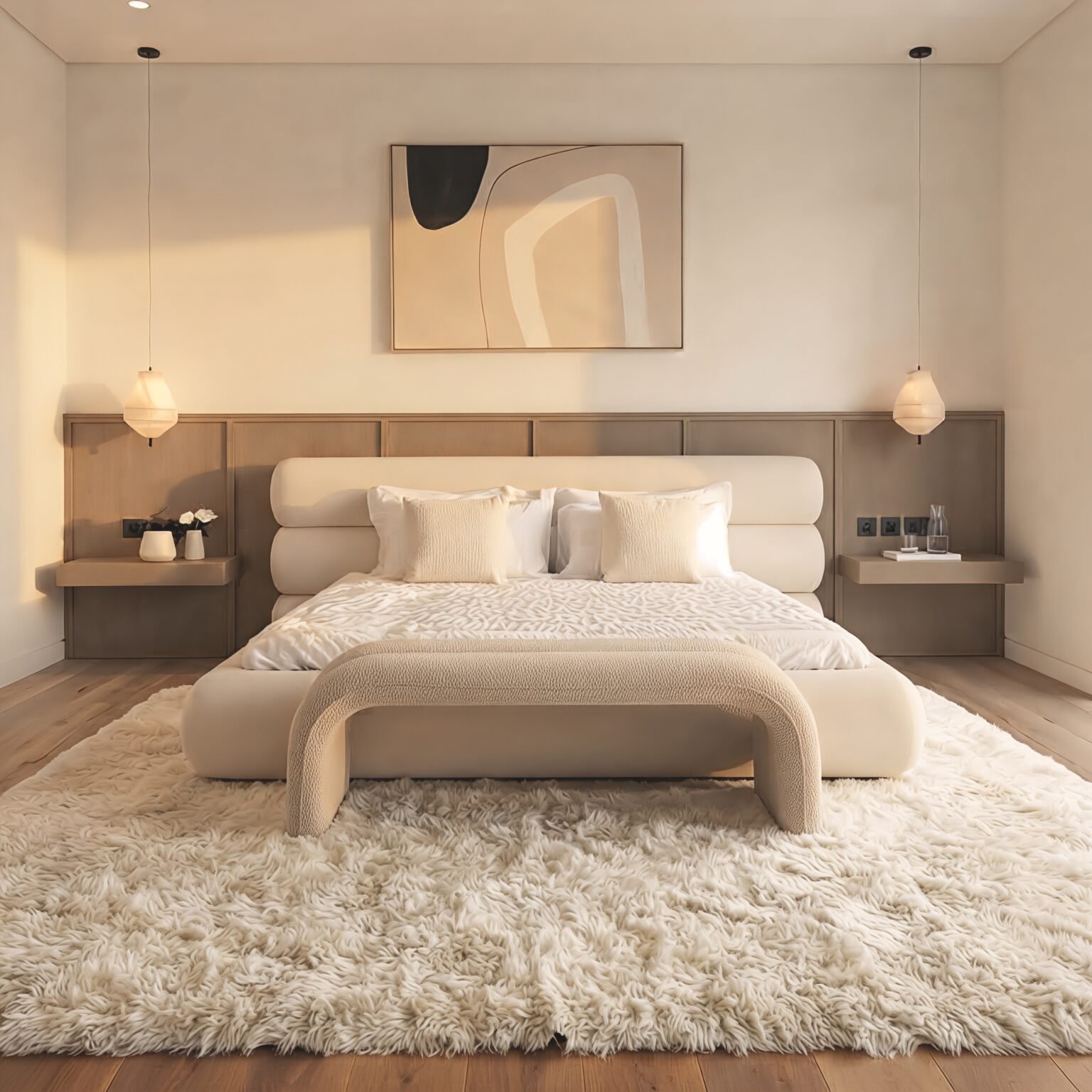 : Modern ivory upholstered bed with a layered padded headboard, curved footboard, and neutral bedroom styling.