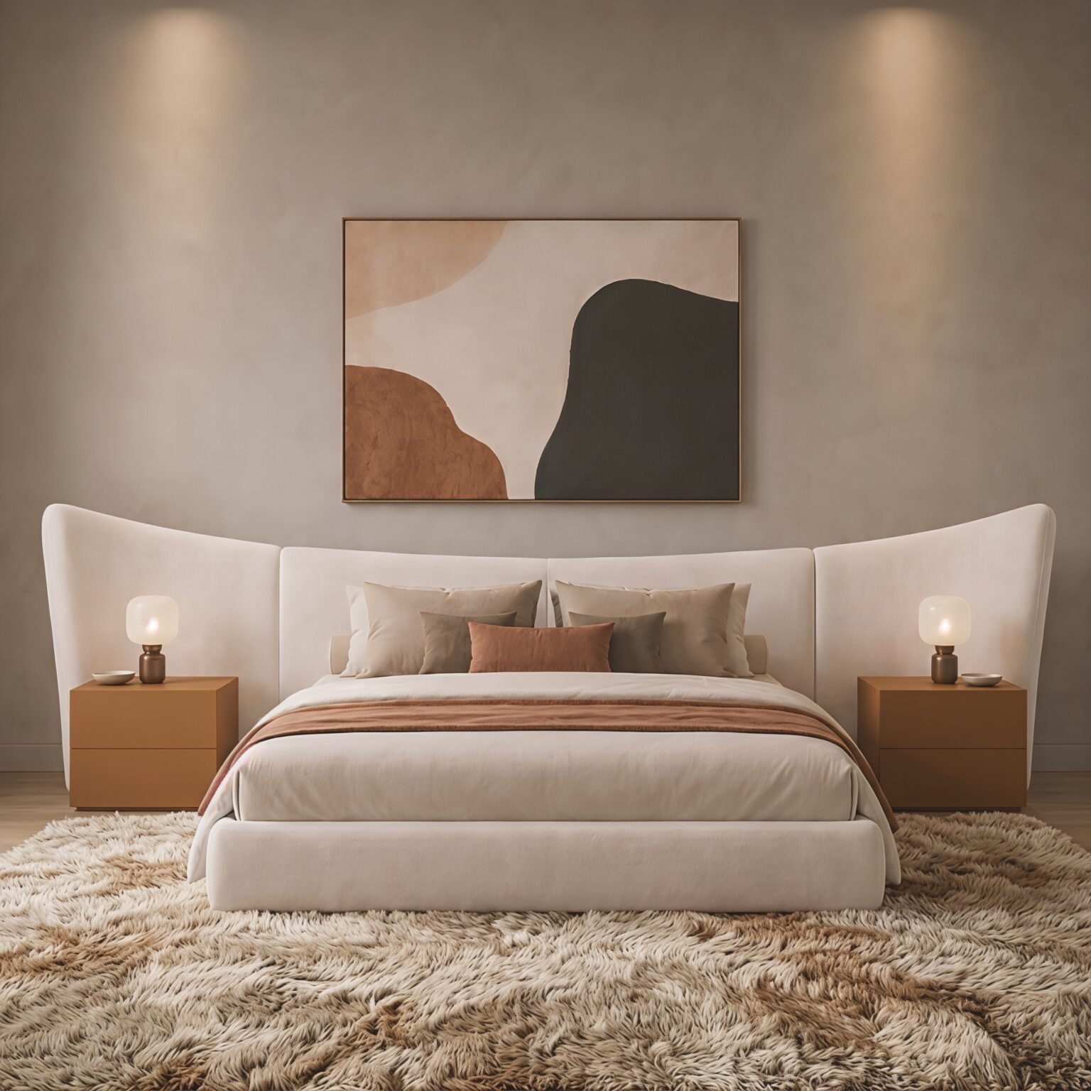 Modern ivory upholstered bed featuring an extended wingback headboard and padded frame in an elegant bedroom.