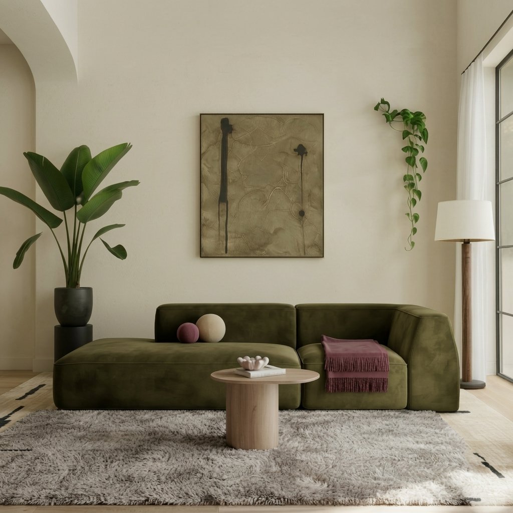 Modern olive green L-shaped sofa with wide armrests and chaise-style seating in a contemporary living room.