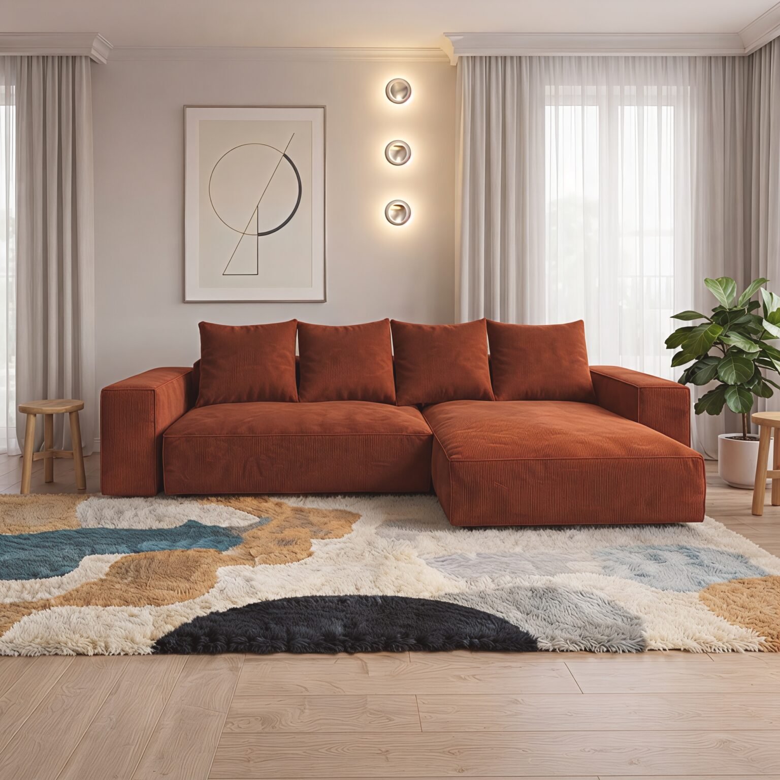 Modern rust brown L-shaped chaise sofa with wide armrests and matching cushions in a contemporary living room.