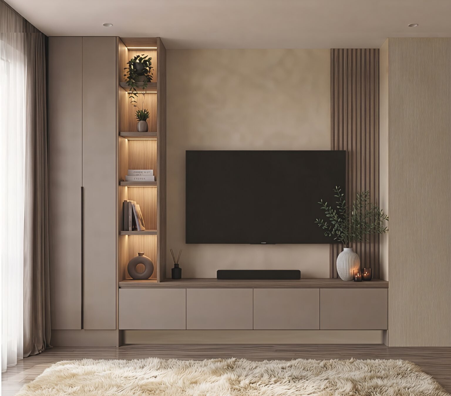 Modern taupe TV unit with floating cabinets, tall storage cupboard, and illuminated wooden display shelves.