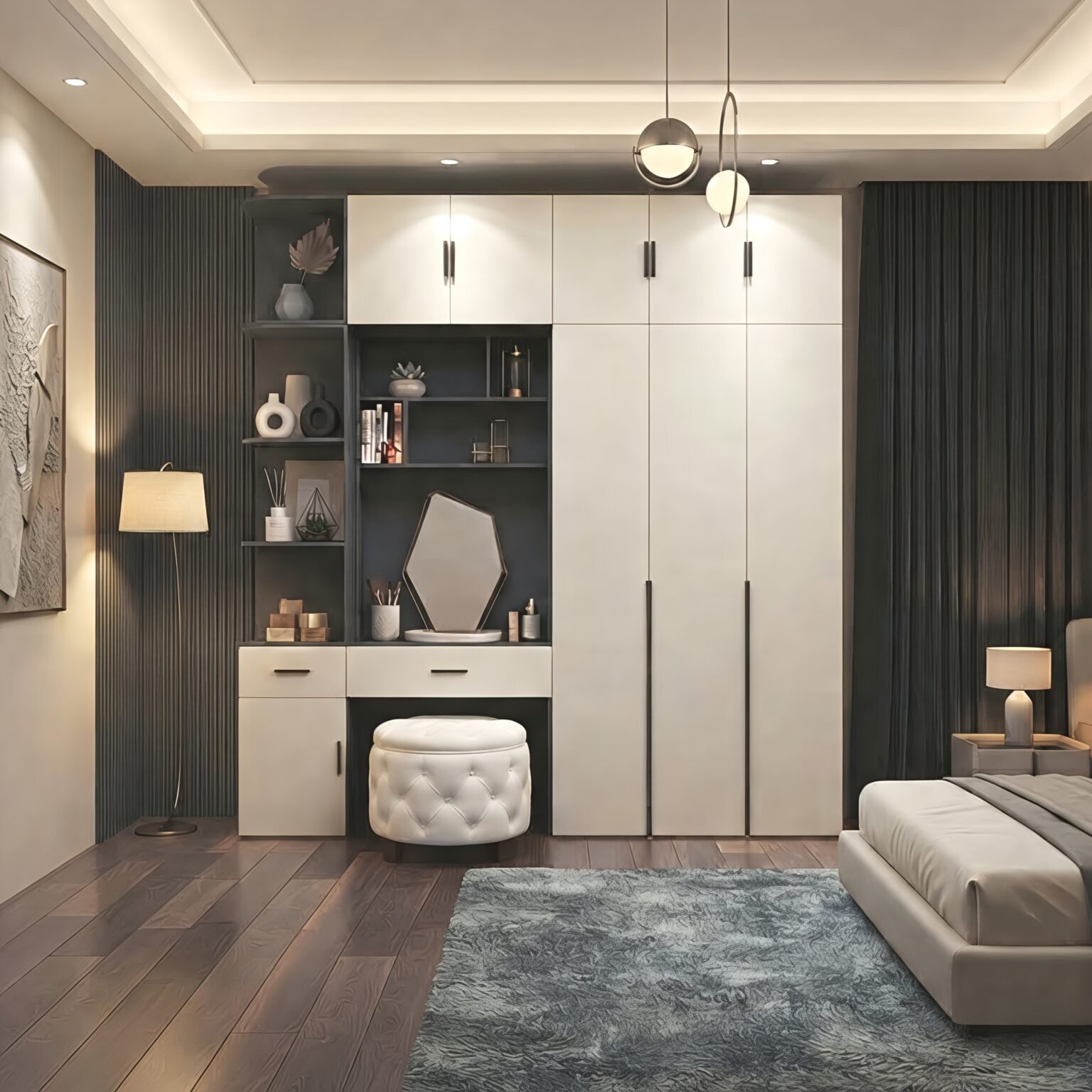 Modern white bedroom wardrobe with integrated dressing table, geometric mirror, drawers and open display shelves.