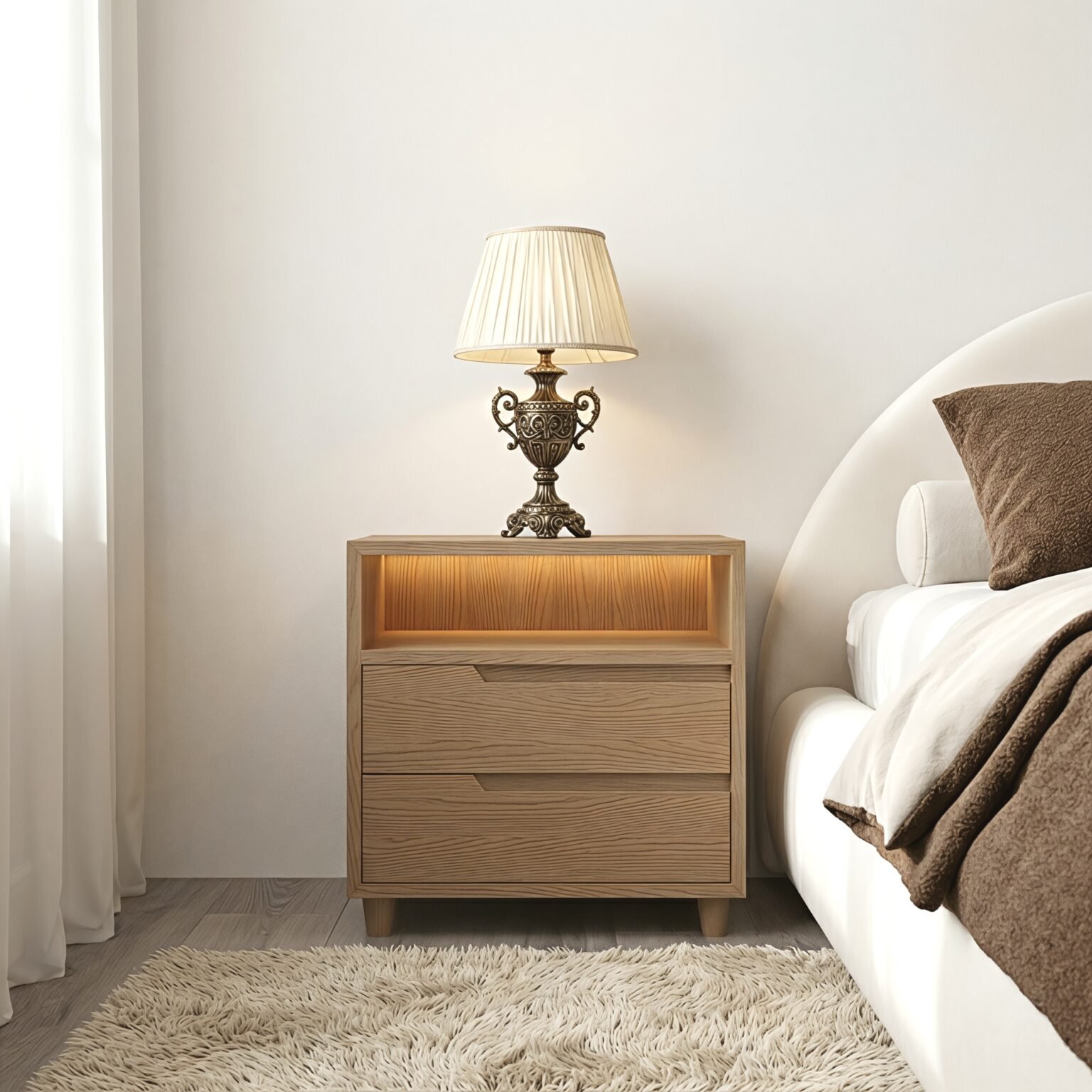 Modern wooden bedside table with two drawers and an open display shelf, shown beside an upholstered bed.