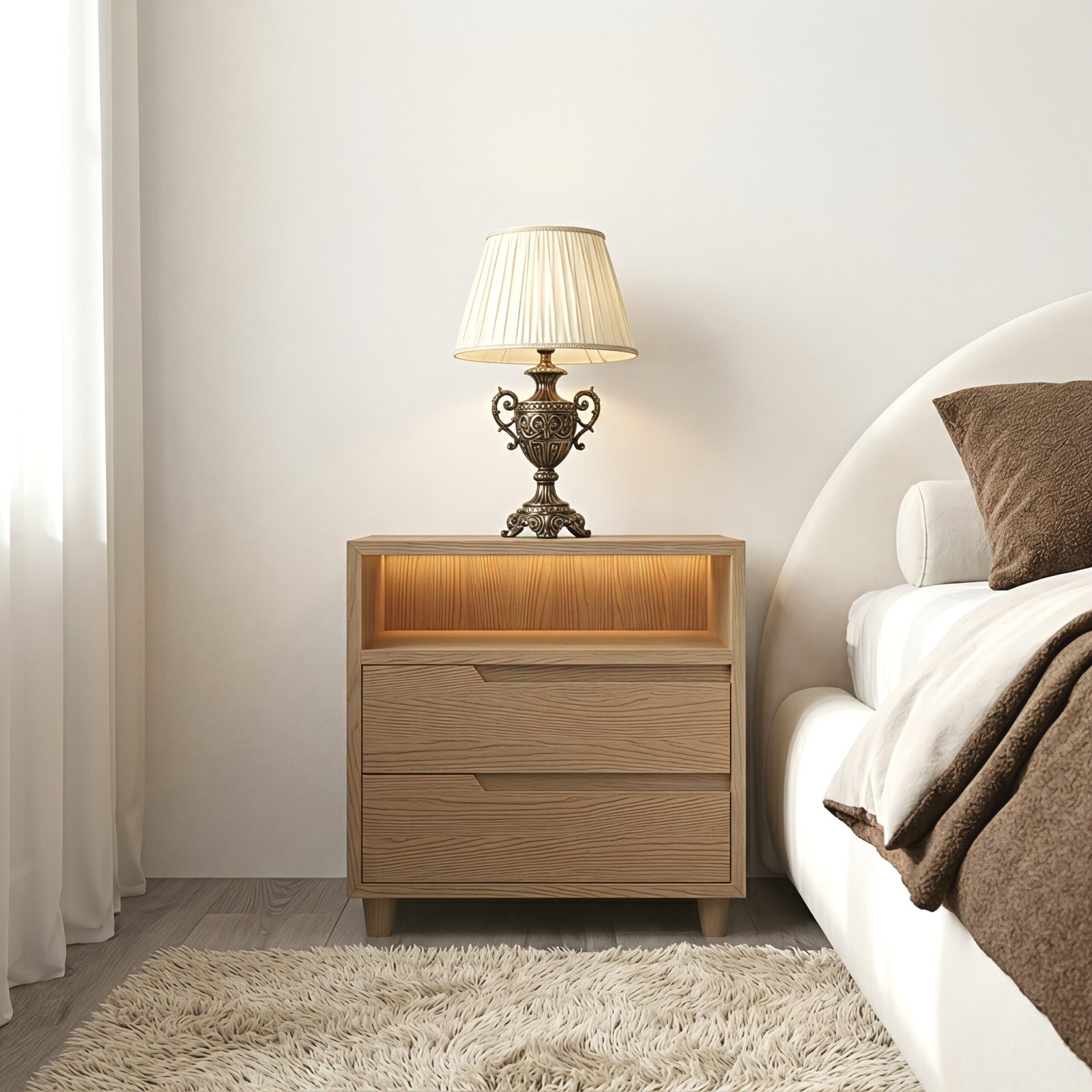 Modern wooden bedside table with two drawers and an open display shelf, shown beside an upholstered bed.