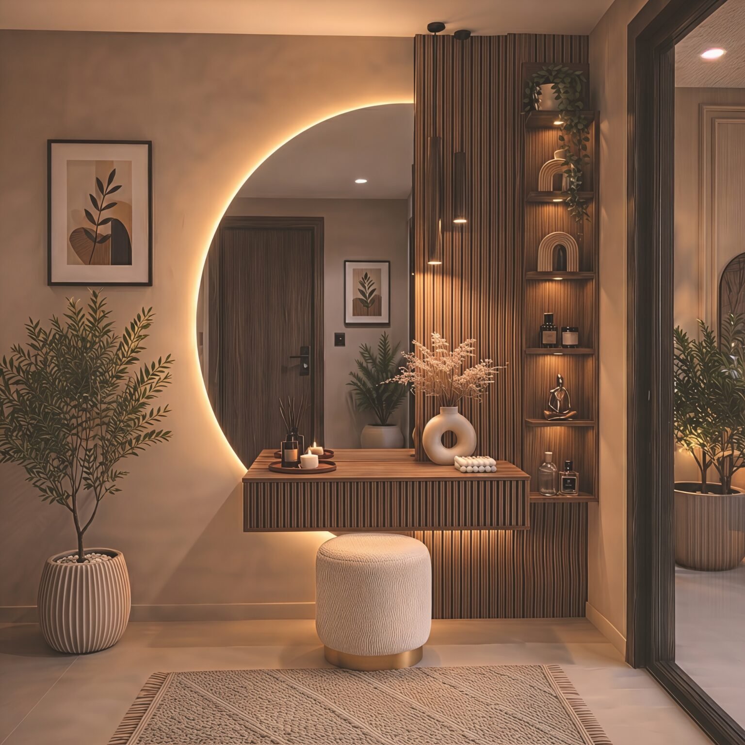 Modern wooden dressing table with a large arched backlit mirror, fluted panels, and integrated open display shelves.