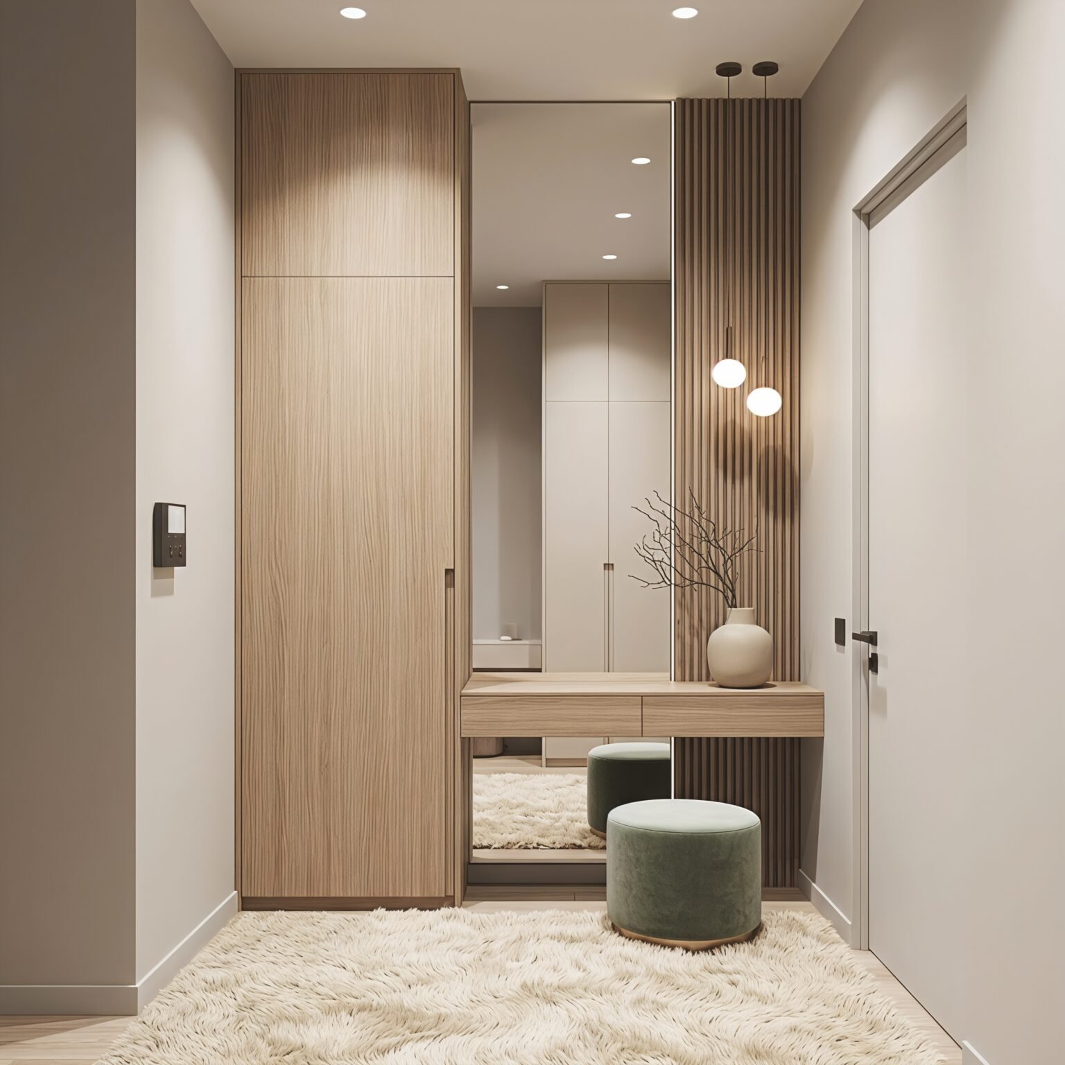 Modern wooden dressing table with a full-length mirror and integrated tall wardrobe in a contemporary dressing area.
