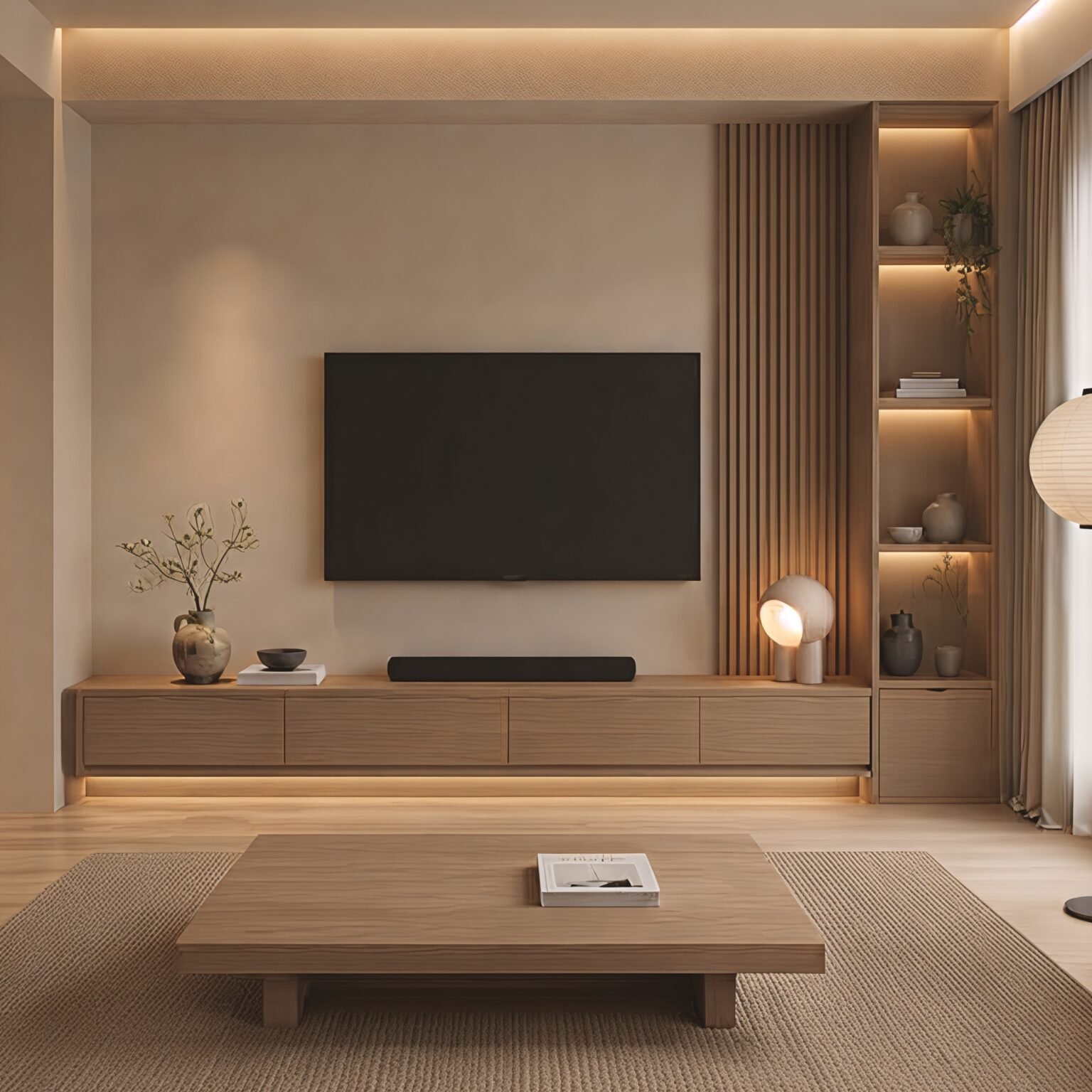 Modern wooden floating TV unit with LED display shelves and enclosed storage