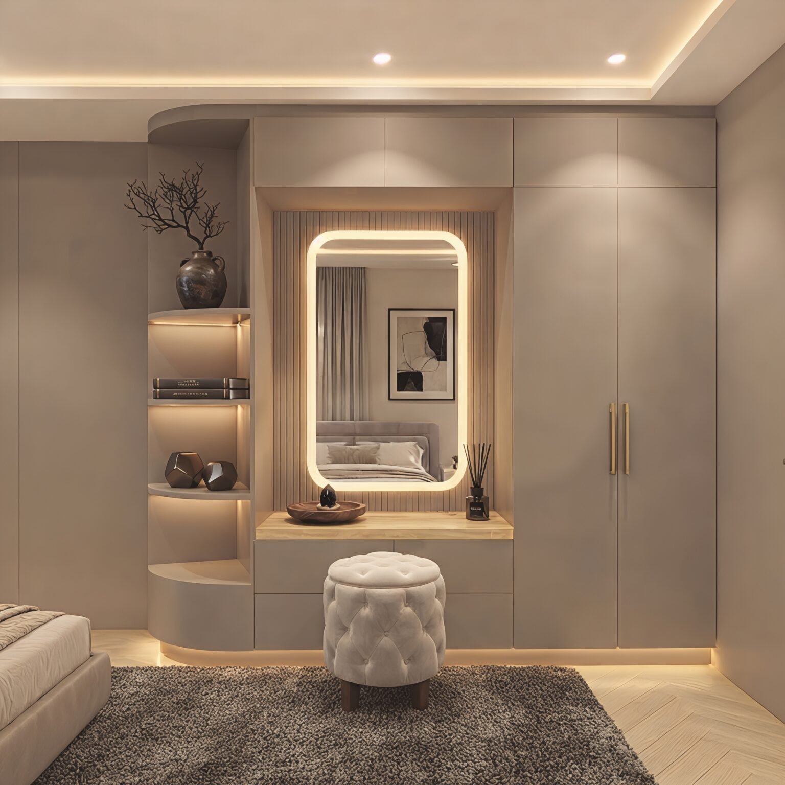 Modern Beige Wardrobe with LED Dressing Table