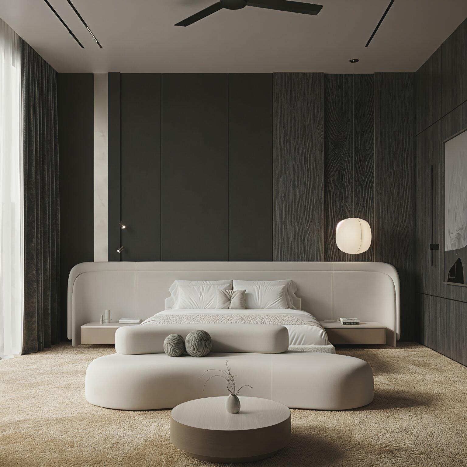 Ivory upholstered platform bed with a wide curved headboard and low-profile padded frame in a modern luxury bedroom