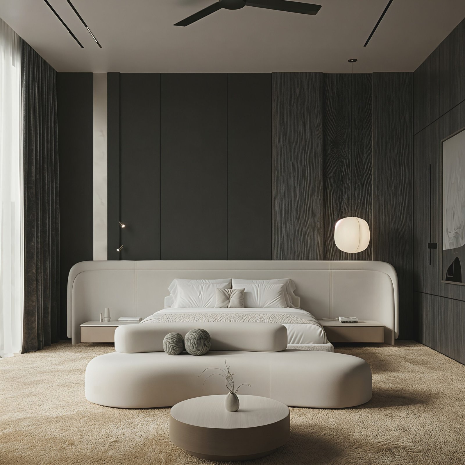 Ivory upholstered platform bed with a wide curved headboard and low-profile padded frame in a modern luxury bedroom