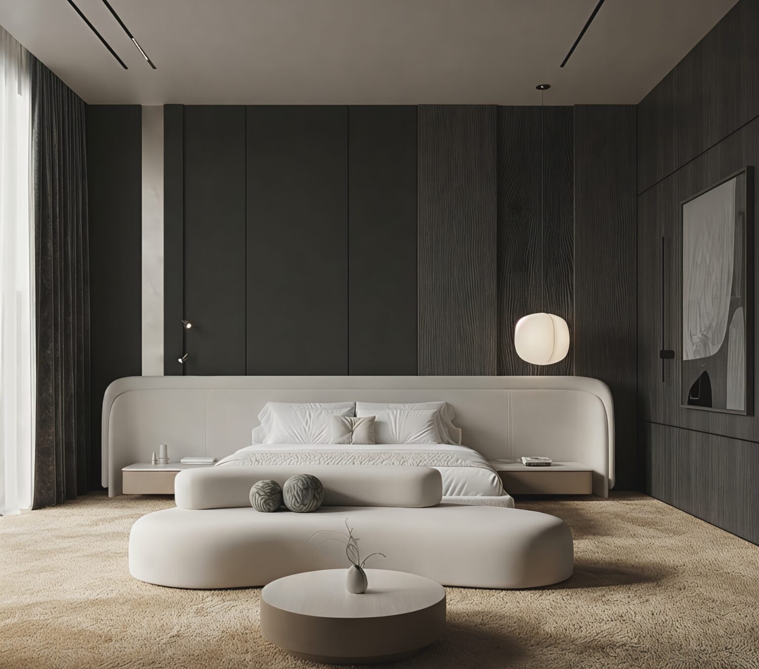 Ivory upholstered platform bed with a wide curved headboard and low-profile padded frame in a modern luxury bedroom